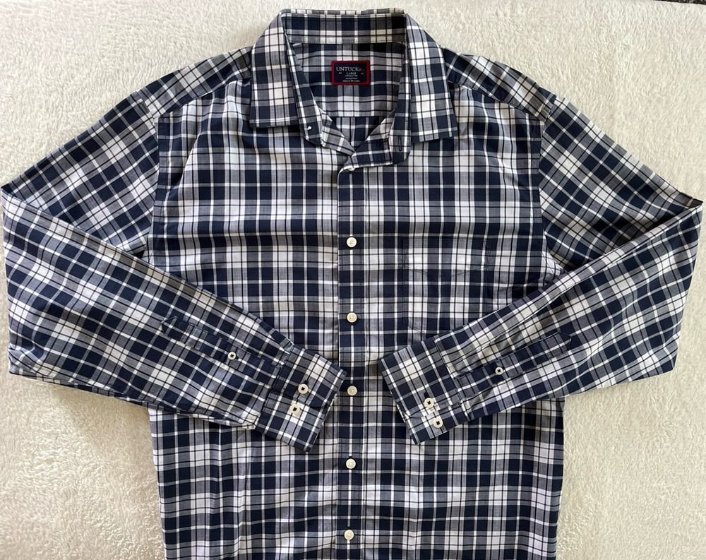 UNTUCKit Rooney Shirt Mens Large L Blue Plaid Cotton Wrinkle Free Long Sleeve